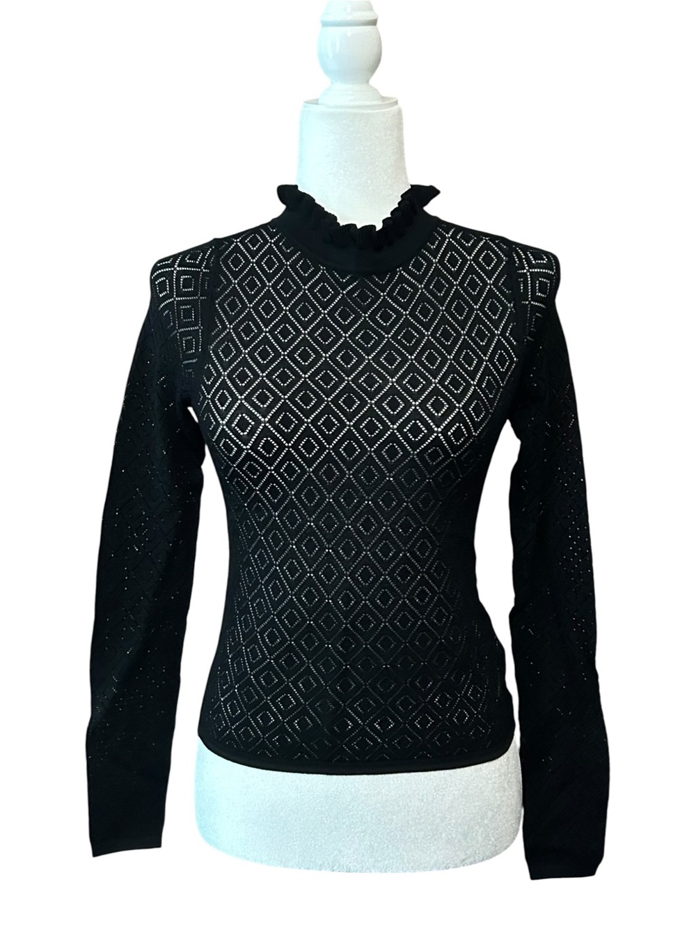 Lucy Paris Ruffle Mock Neck Pointelle Fitted Long Sleeve Top SZ Small Black